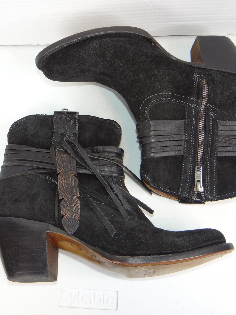 Lucchese Black Suede Western Ankle Booties with Feather Tassel 8B